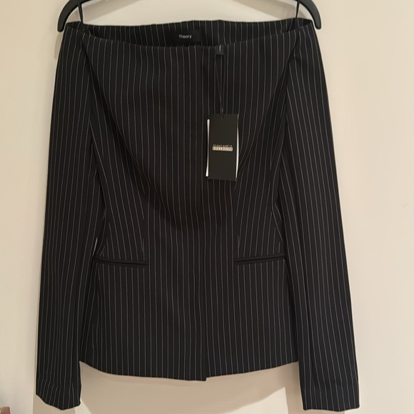 THEORY OFF THE SHOULDER PERFORM TECH PINSTRIPE BLAZER IN BLACK SIZE 2 - Picture 11 of 15